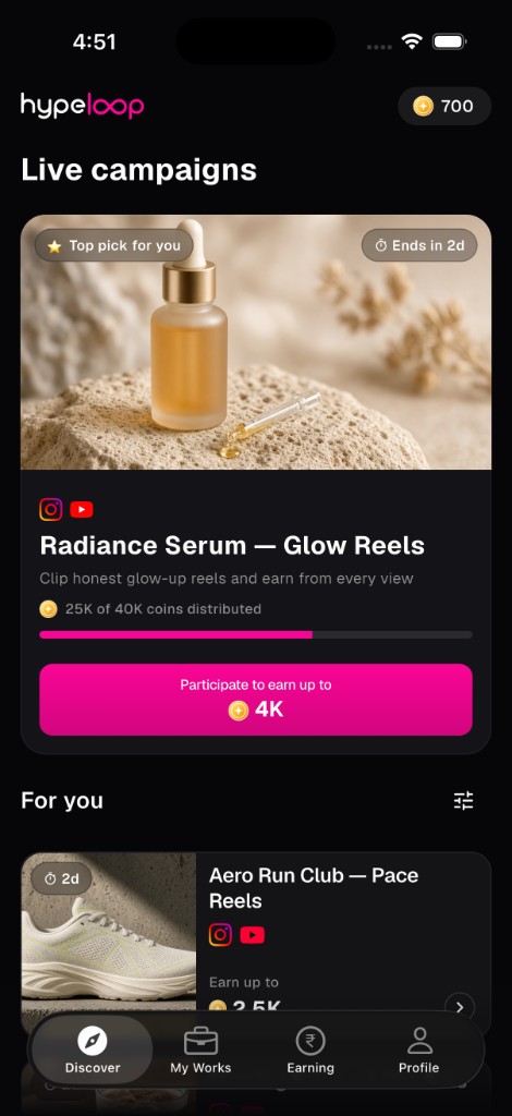 Discover screen showing live campaigns