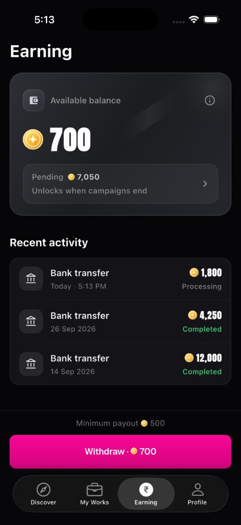 Earning screen with balance and bank transfers