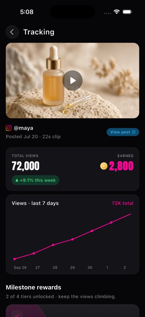 Tracking screen with views and earnings